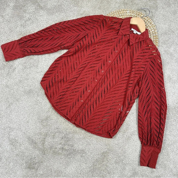 Chico’s Poplin Cutwork Shirt Button Front Longsleeve Lace in Rust Orange Size 6 - Picture 5 of 15